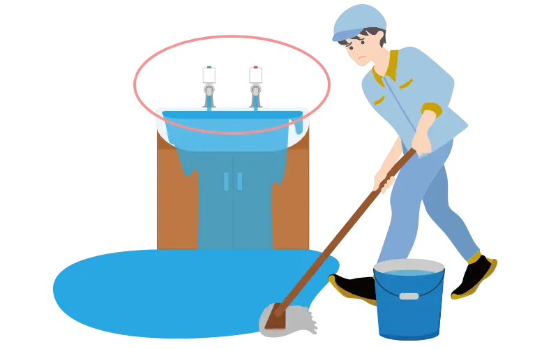 MTMの必要性を示す、水道の蛇口と床を拭く人のイラスト
